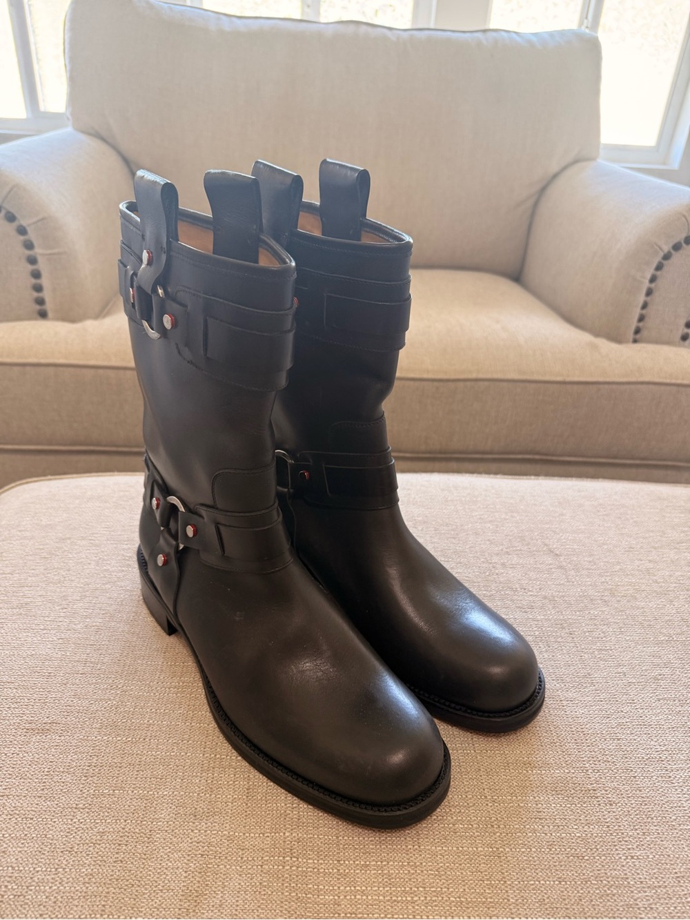 Christian Louboutin Black Leather Mid-Calf Moto Boots with Harness